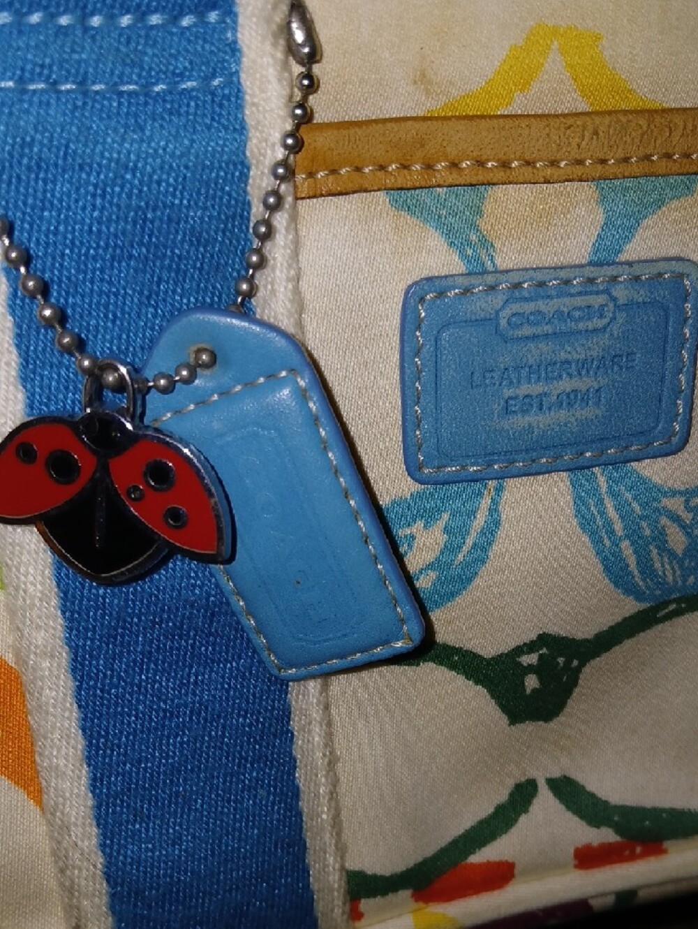 Coach Multicolor Canvas Tote with Blue Straps and Ladybug Charm - Picture 6 of 6